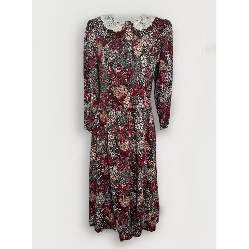 Vtg Lanz Originals Dress Womens Medium Dark Floral Midi Cottagecore Modest